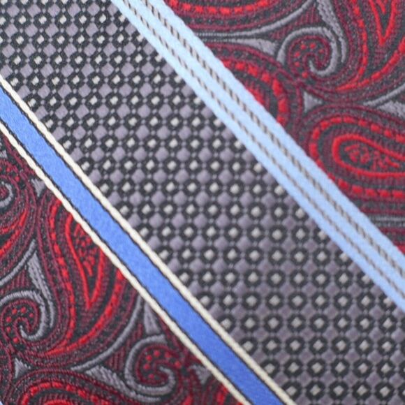 Pronto Uomo Red Gray Blue‎ Striped Paisley Striped Geometric Woven Long Silk Tie - Picture 2 of 7